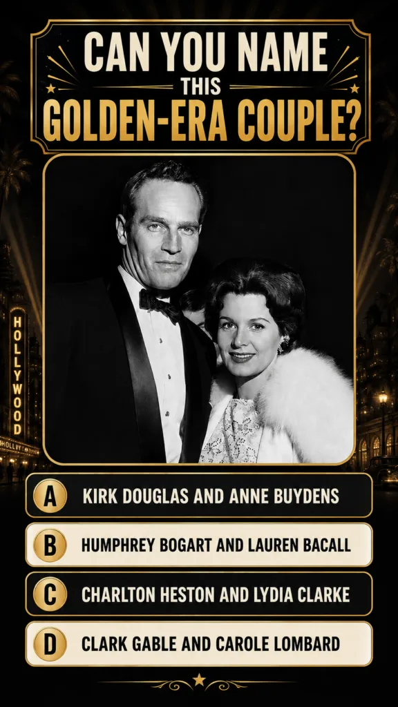 Black and white portrait of a young Charlton Heston in a tuxedo and Lydia Clarke in an elegant dress with a fur stole