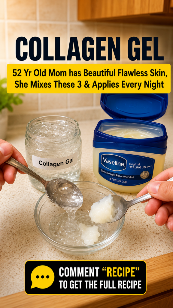 Close-up of hands mixing collagen gel and Vaseline in a small glass bowl on a kitchen counter