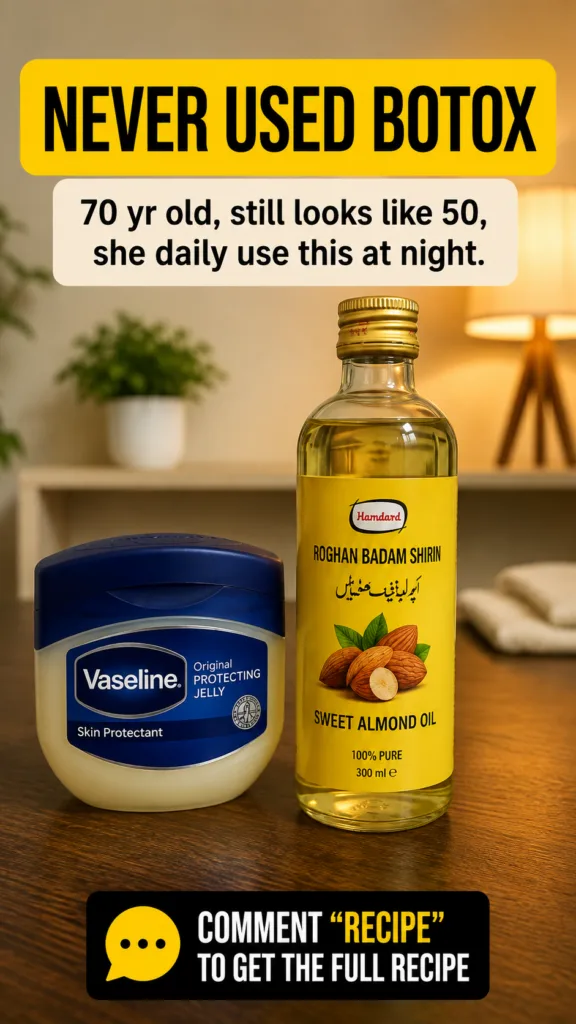 A close-up shot of a tub of Vaseline Original Protecting Jelly and a bottle of Hamdard Sweet Almond Oil on a wooden surf