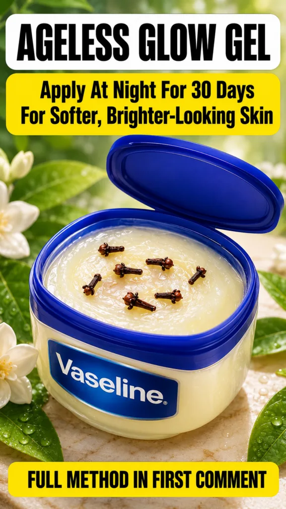 An open jar of Vaseline with several cloves resting on its surface surrounded by lush green leaves and white flowers wit