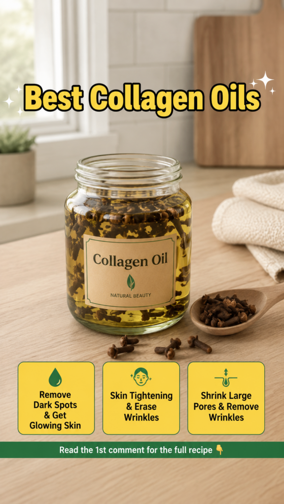 A jar of collagen oil infused with cloves on a wooden countertop with a wooden spoon of cloves beside it A sunlit window