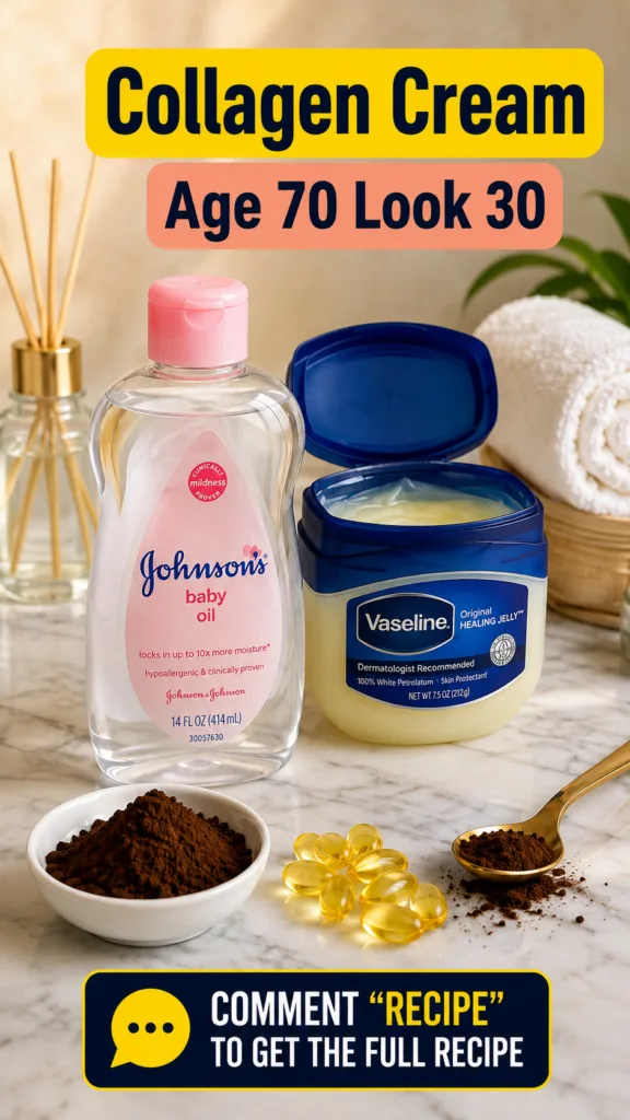 A collection of common household items and beauty ingredients arranged on a marble surface including a bottle of baby oi