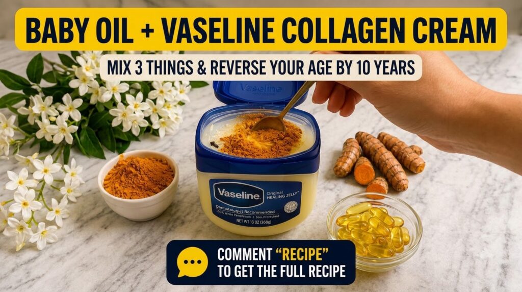 A hand gently stirring turmeric powder into a large tub of Vaseline petroleum jelly surrounded by fresh turmeric roots a