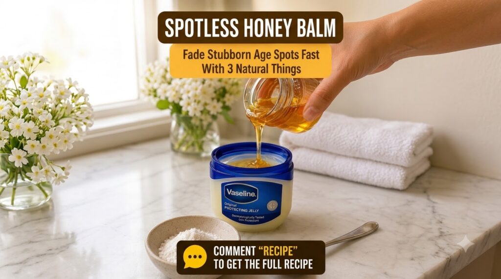 A close-up of a hand pouring golden honey from a glass jar into a container of Vaseline Original Protecting Jelly with a