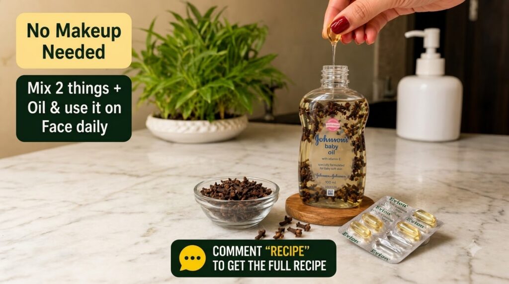 Close-up of ingredients for a homemade face oil a hand squeezing a vitamin E capsule into a bottle of baby oil with subm