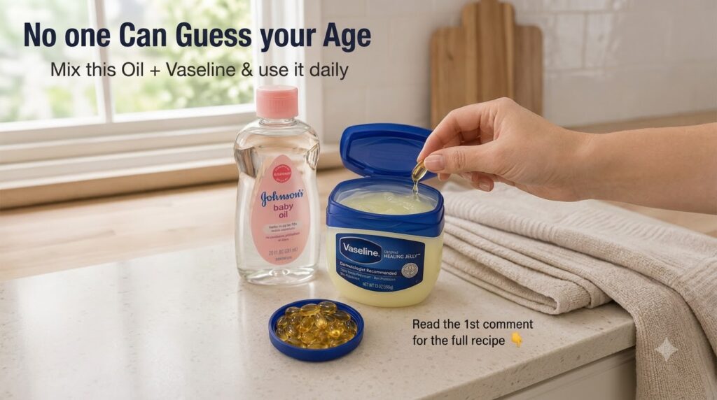 A hand squeezing a vitamin E capsule into an open jar of Vaseline with a bottle of Johnson s baby oil nearby on a light 