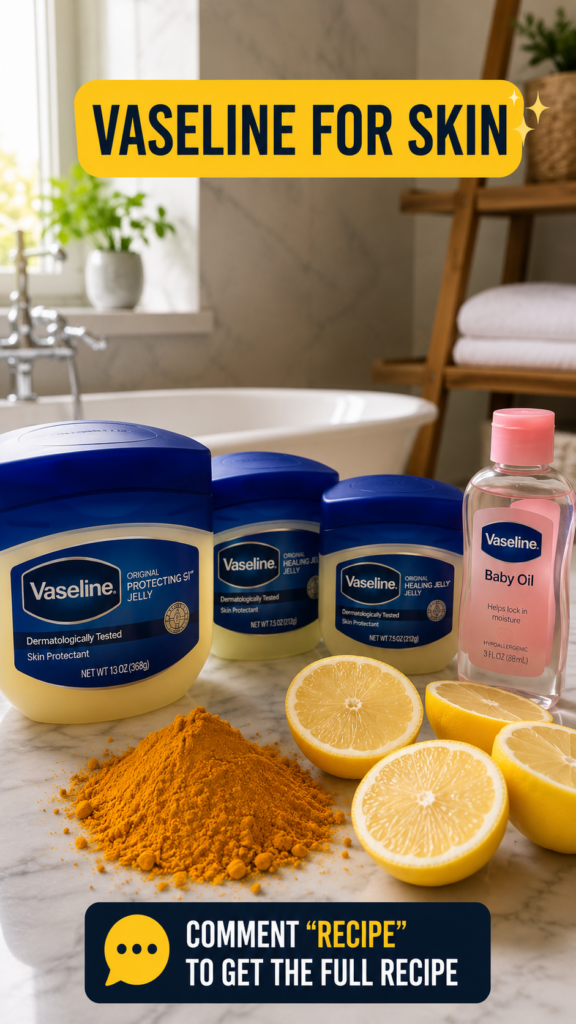 A collection of Vaseline products turmeric powder and lemon halves on a marble surface in a bright bathroom setting