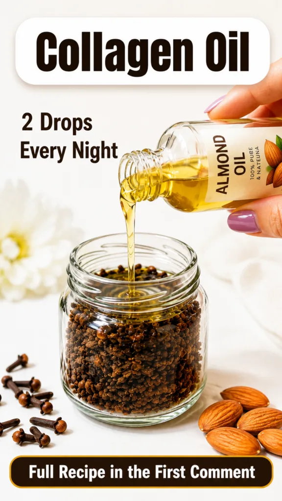 A hand pouring almond oil from a clear bottle into a glass jar filled with whole cloves with raw almonds and loose clove