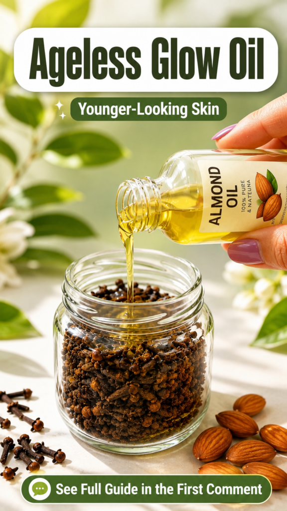 A hand pouring almond oil from a small clear bottle into a glass jar filled with cloves Additional cloves and several al