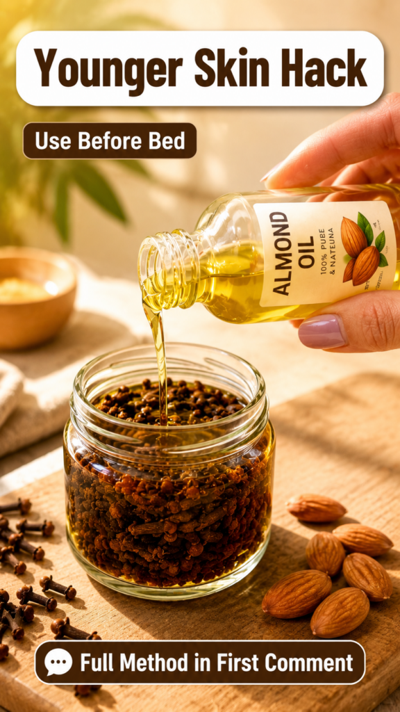 A hand pouring almond oil from a bottle into a glass jar filled with cloves Scattered cloves and almonds are visible on
