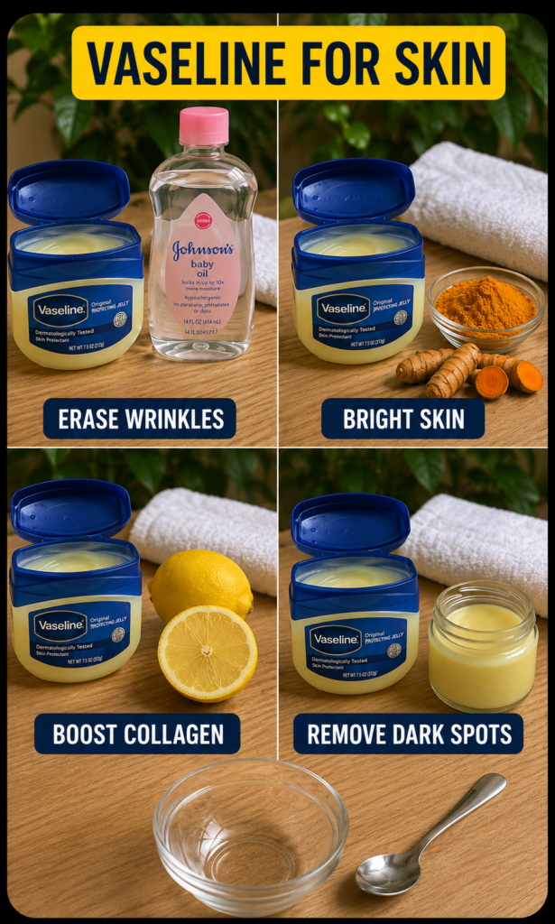 A four-panel collage demonstrating various DIY Vaseline uses with natural ingredients Each panel shows a jar of Vaseline