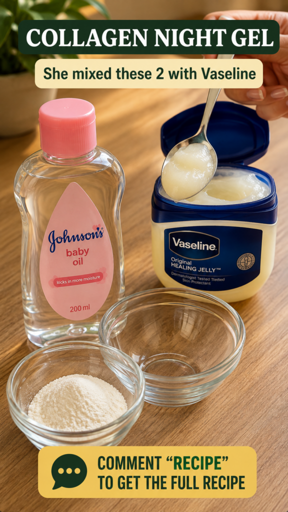 Ingredients for DIY Collagen Night Gel laid out on a wooden surface Johnson s Baby Oil bottle a jar of Vaseline with a s