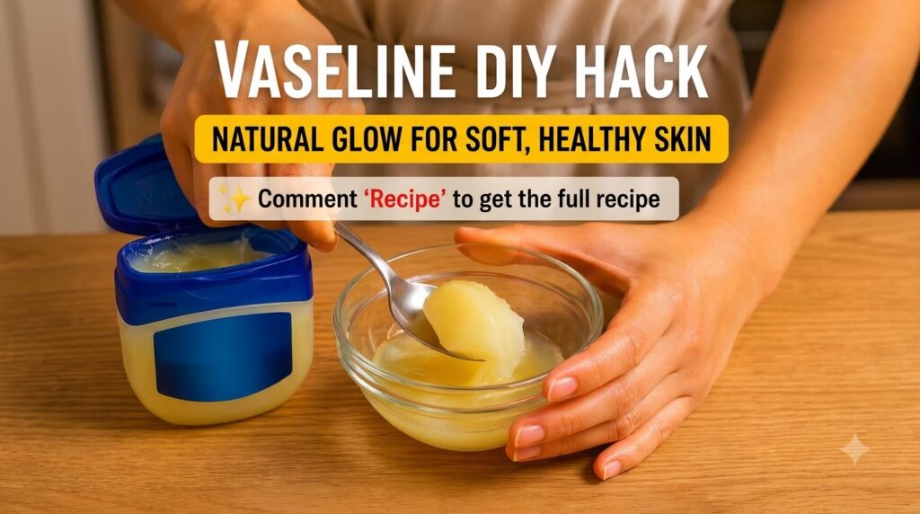 Hands mixing a yellowish translucent gel in a small glass bowl with a spoon a Vaseline jar partially visible in the back