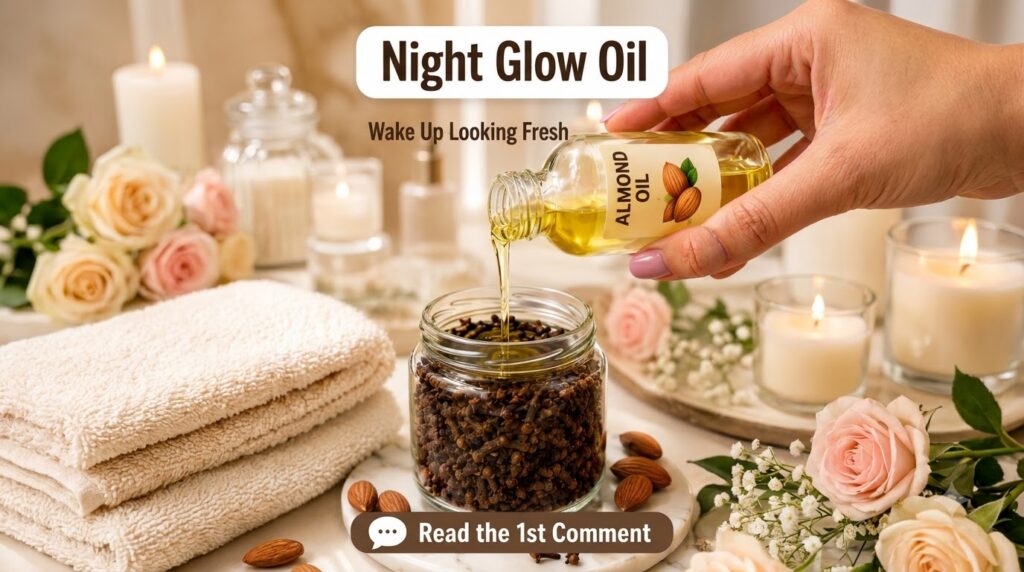 A hand pouring almond oil into a glass jar filled with cloves with loose almonds and cloves on a marble surface in the f