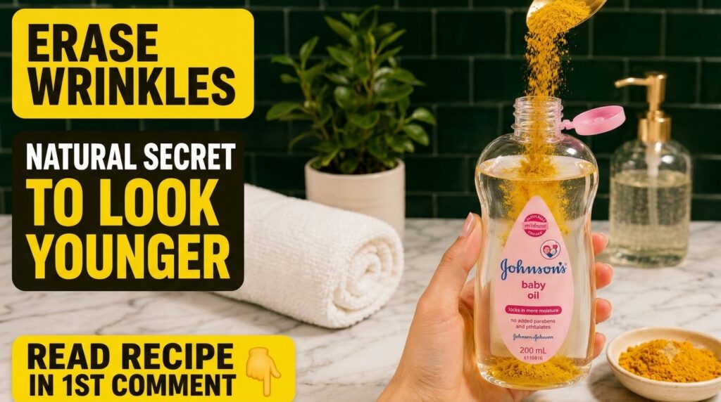 A hand pouring golden turmeric powder from a spoon into a bottle of clear baby oil against a bathroom vanity background