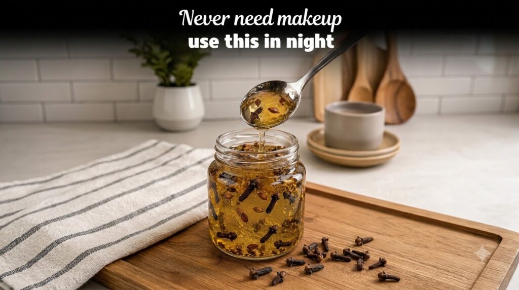 A clear glass jar filled with golden viscous clove oil with a silver spoon dripping more oil into it The setting is a cl