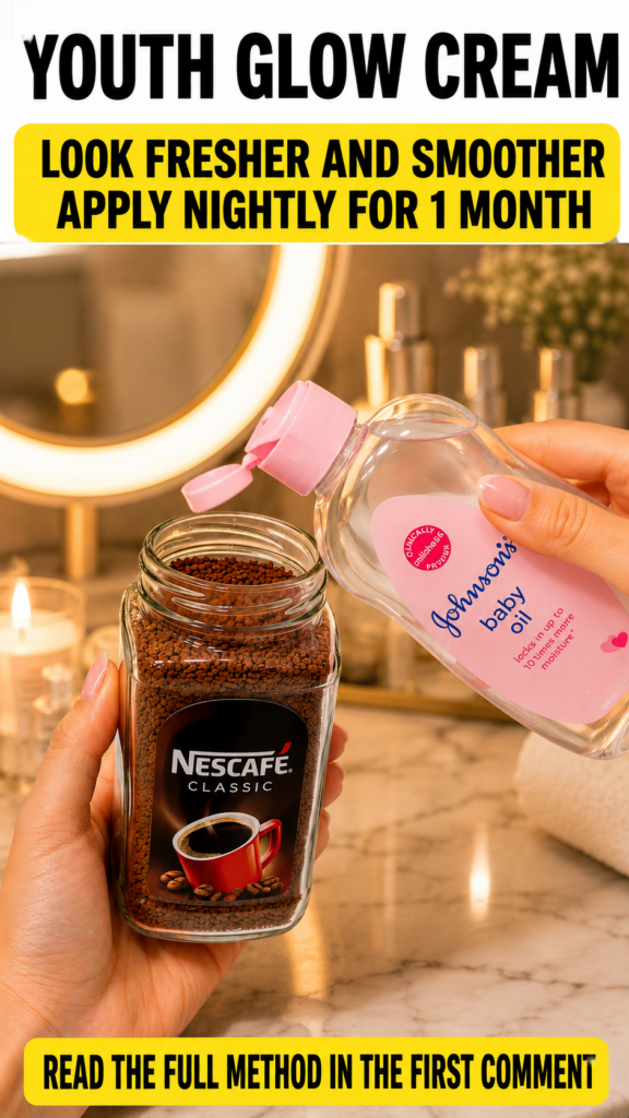 Close-up of hands pouring baby oil into a jar of instant coffee against a warm bathroom backdrop with a ring mirror and 