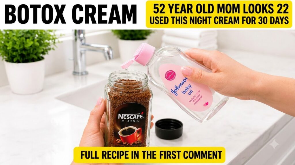 Hands mixing instant coffee granules and baby oil in a glass jar on a bathroom counter with a faucet and green plant in 