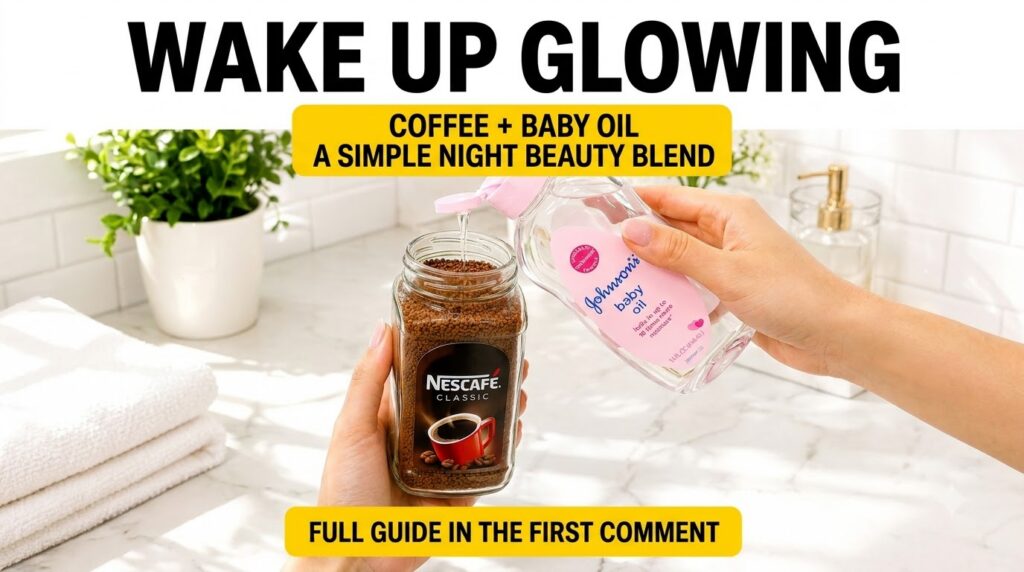 A person s hands pouring baby oil into a jar of coffee granules ready to be mixed for a DIY beauty hack