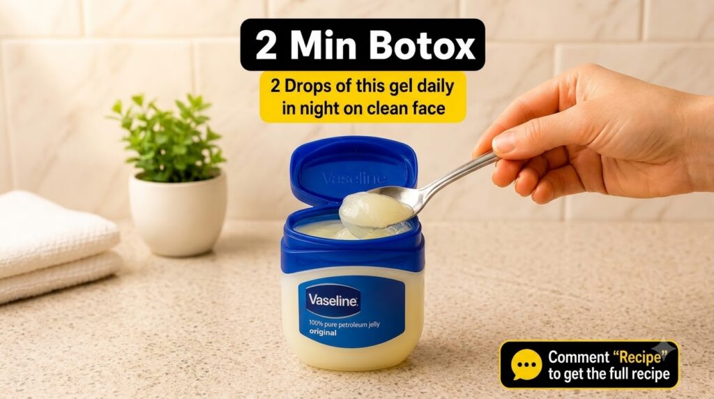 A hand scooping pale yellow petroleum jelly from an open jar of Vaseline with a silver spoon The background is blurred s