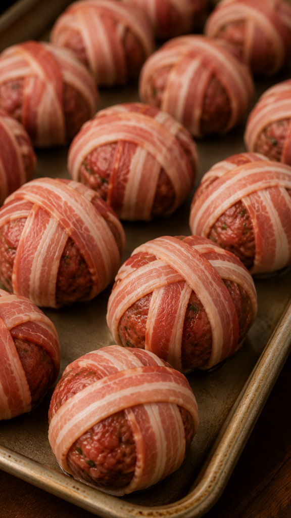 Several uncooked plant-based meatballs possibly made from lentils or mushrooms meticulously wrapped with thinly sliced z