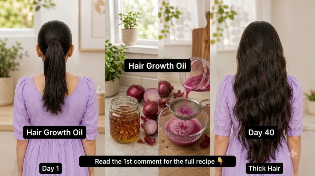A 2x2 grid showing a hair growth journey with red onion oil Top panels A person s hair transformation from a sleek ponyt