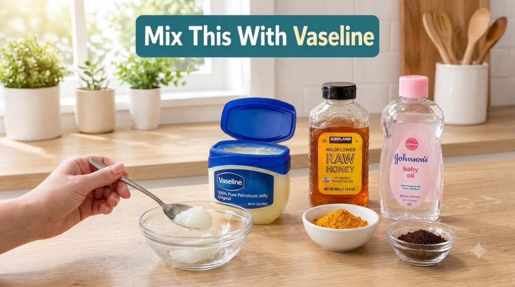 A hand holding a spoon with Vaseline over a mixing bowl surrounded by a jar of honey a bottle of baby oil bowls of turme