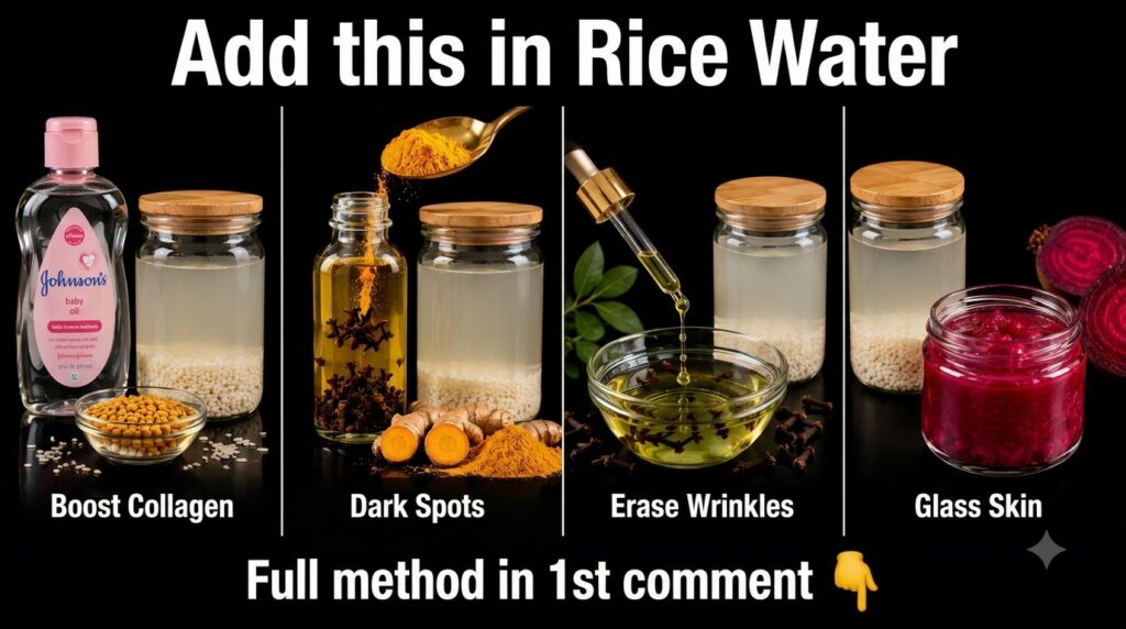An infographic showing four rice water remedies Boost Collagen with baby oil and lentils Dark Spots with turmeric and gi