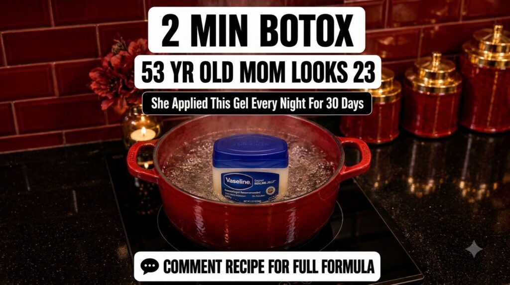 A red pot on an induction cooktop with vigorously boiling water and a jar of Vaseline Original Healing Jelly submerged w