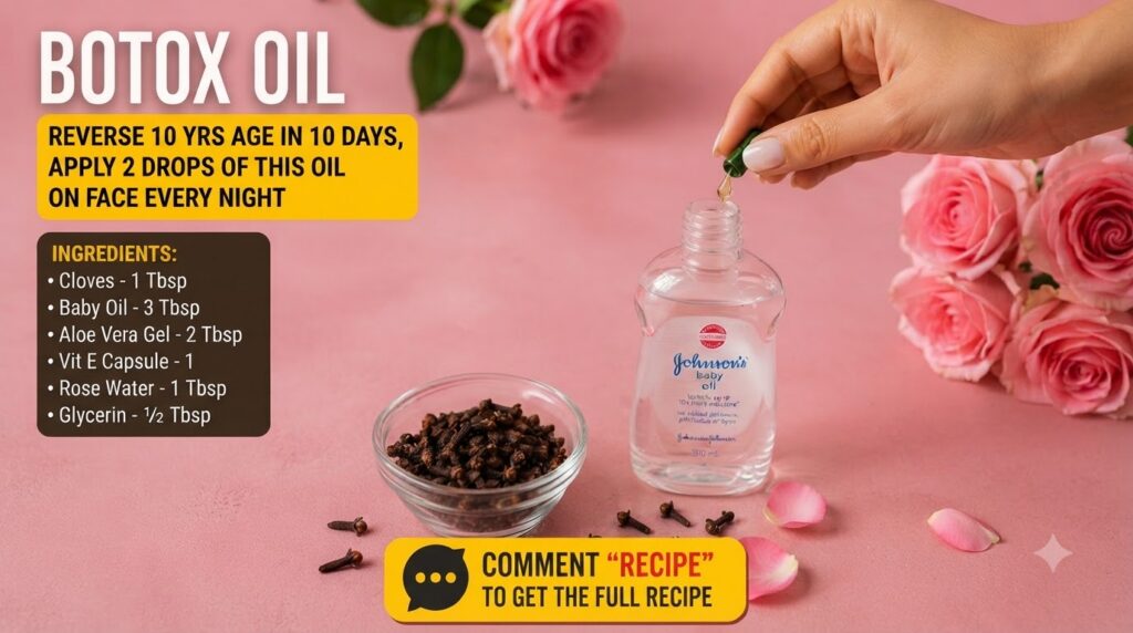 A hand dripping oil from a dropper into a bottle of baby oil surrounded by cloves and rose petals on a pink surface capt