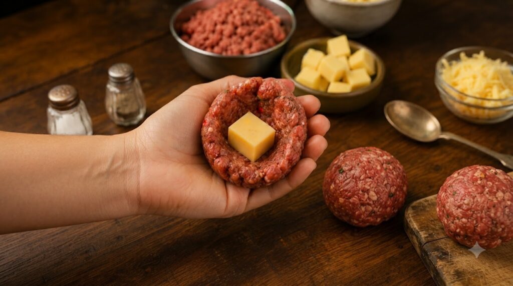 A close-up of a hand gently holding a patty of raw ground plant-based meat shaped to cradle a single cube of yellow vega