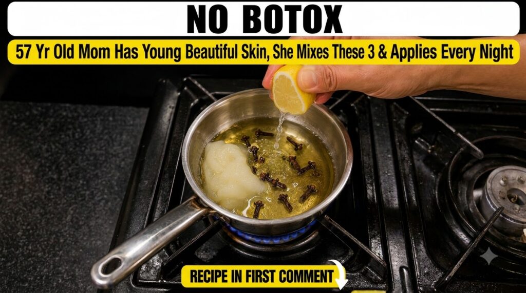 A close-up of a hand squeezing a fresh lemon into a small pot on a stove containing melted Vaseline whole cloves and a p