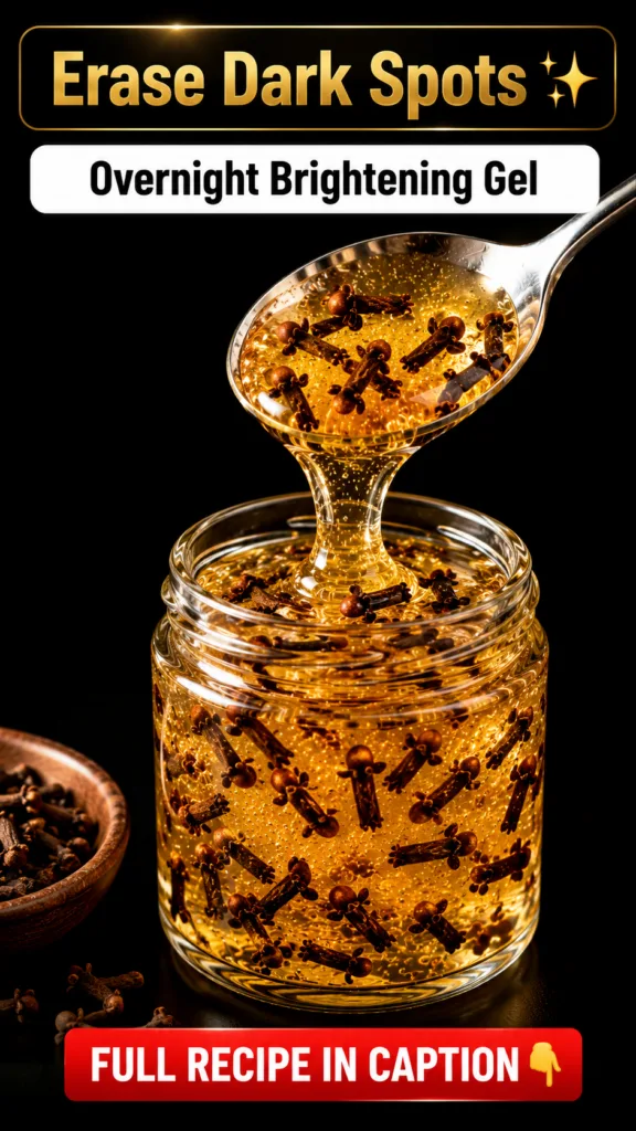 A clear glass jar filled with thick glowing golden gel mixed with whole dried cloves with a silver spoon dripping more g