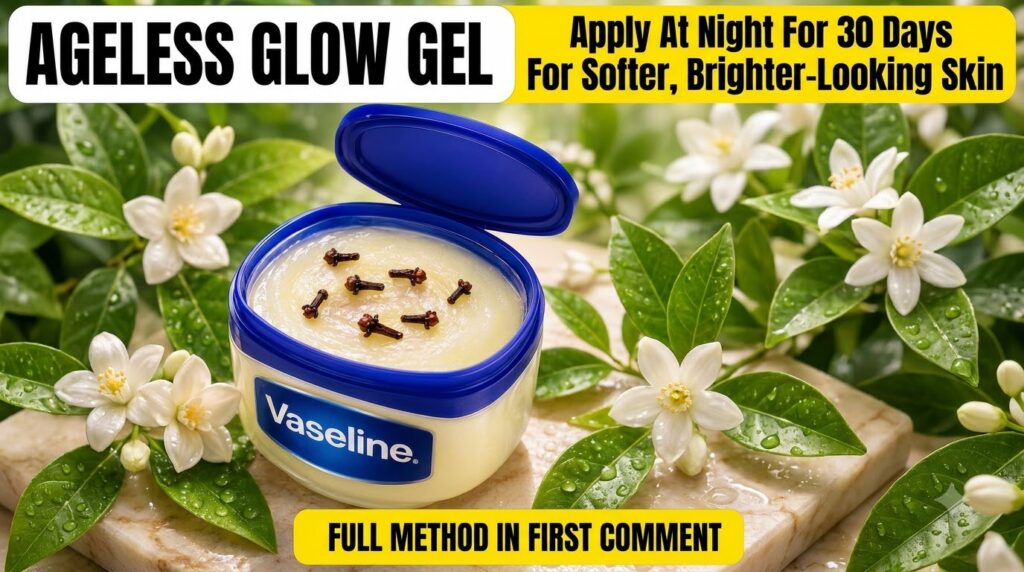 An open tub of Vaseline with whole cloves resting on the yellow gel surrounded by green leaves and white blossoms