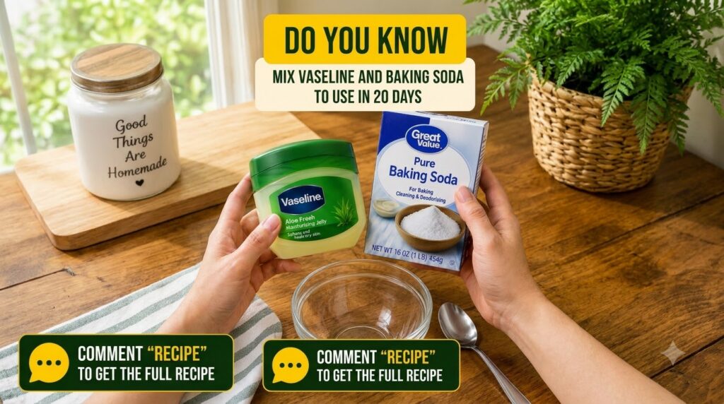 Hands holding a jar of Vaseline and a box of baking soda over a wooden table with a clear glass bowl spoon and striped t