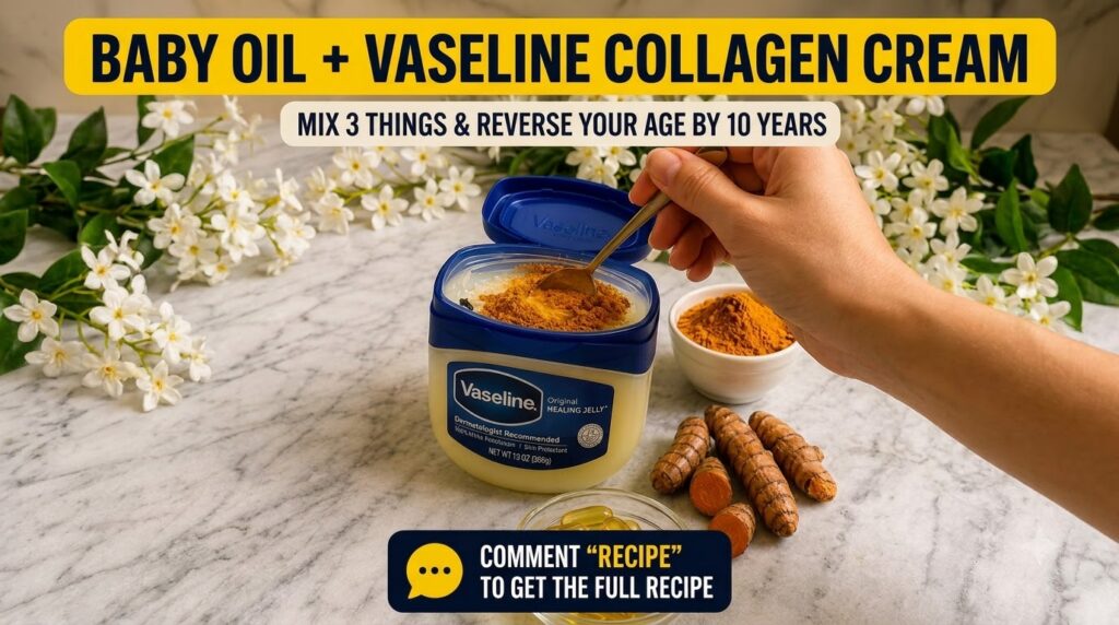 A hand gently mixing orange turmeric powder into a tub of Vaseline with a golden spoon surrounded by a small bowl of tur