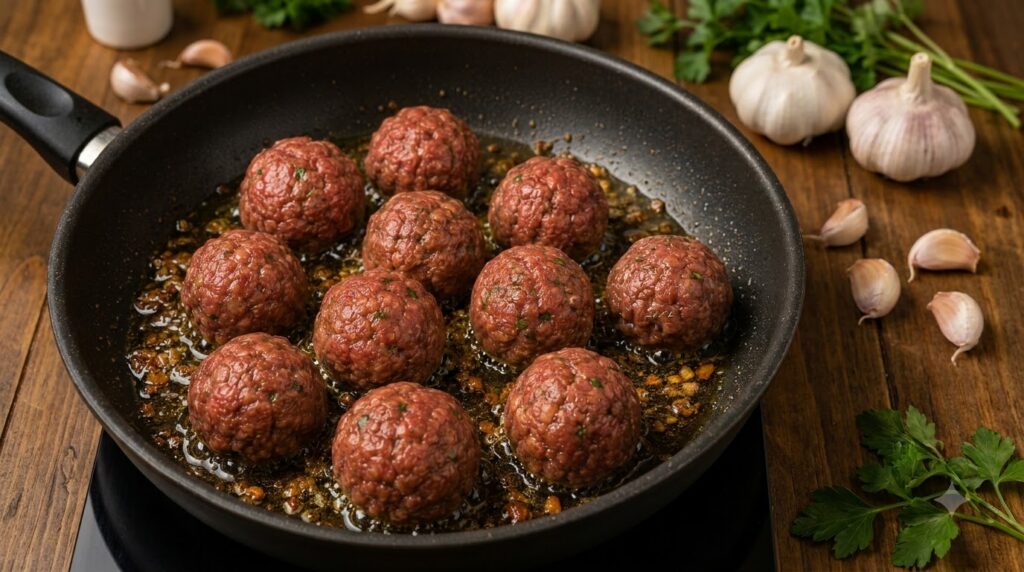 Several raw seasoned vegan meatballs sizzling in hot oil in a black frying pan viewed from a close-up top-down perspecti