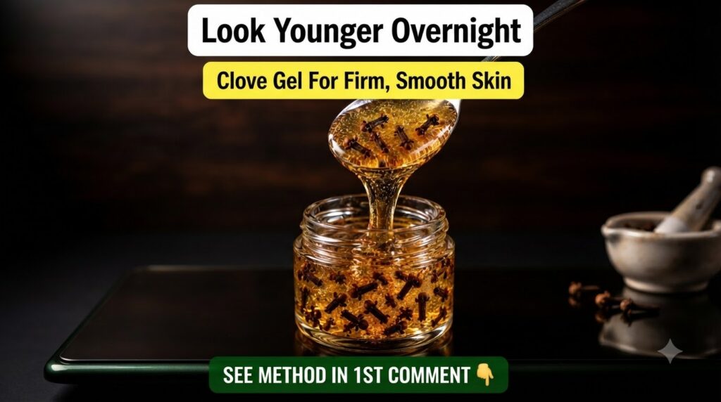 A spoon pouring thick golden clove-infused gel into a small glass jar set against a dark background