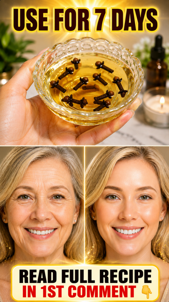 A hand holding a clear glass bowl containing a yellowish liquid with cloves with a blurred background of a plant dropper