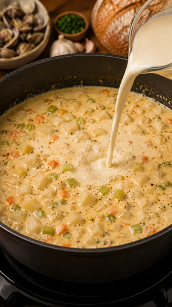 A creamy vegan chowder in a black pot with plant-based milk being poured into it Diced potatoes carrots and celery are v