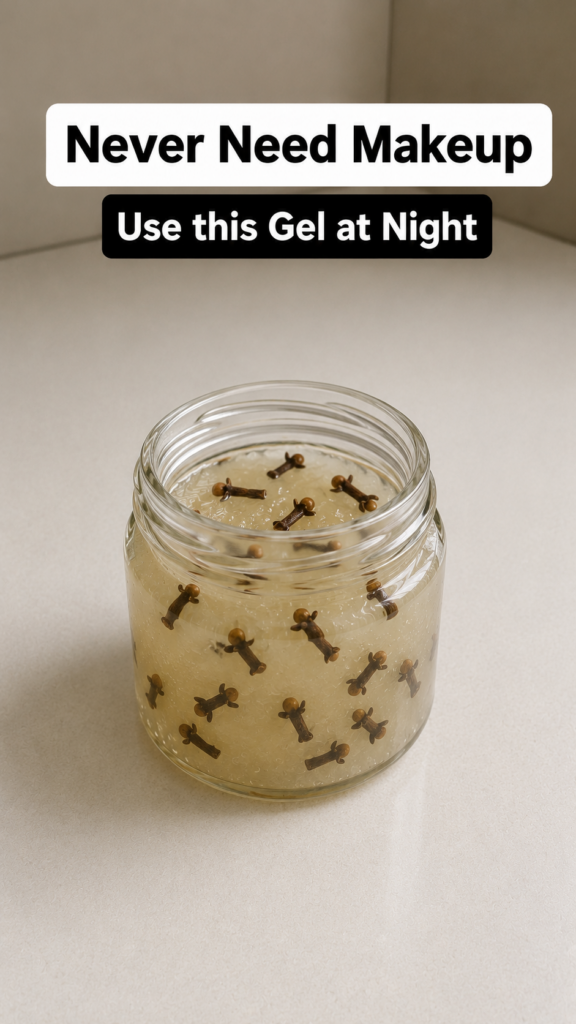 A glass jar filled with translucent light-colored gel infused with whole clove spices sitting on a minimalist light surf