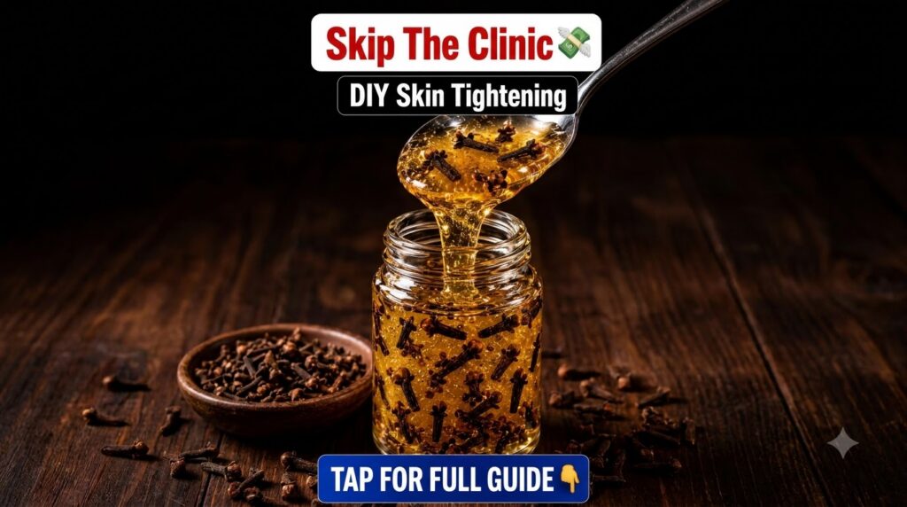 A spoonful of golden viscous liquid likely honey mixed with whole cloves being poured into a glass jar already containin