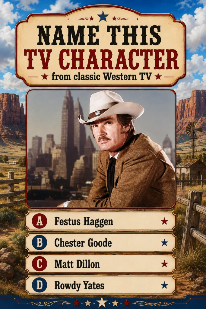 A quiz card asking to name a classic Western TV character featuring a man resembling a young Burt Reynolds in Western at