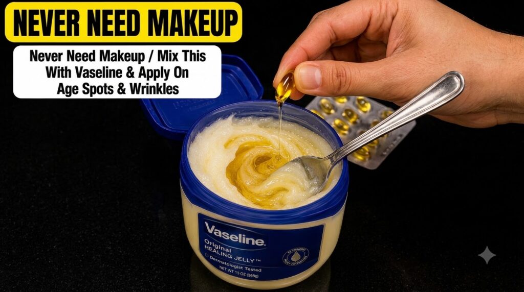 A hand squeezing a golden liquid vitamin E capsule into a tub of Vaseline Original Healing Jelly with a spoon mixing it 