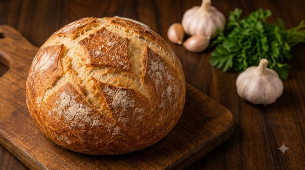 A beautifully baked round sourdough loaf centrally placed on a rustic wooden cutting board with a golden-brown crust and