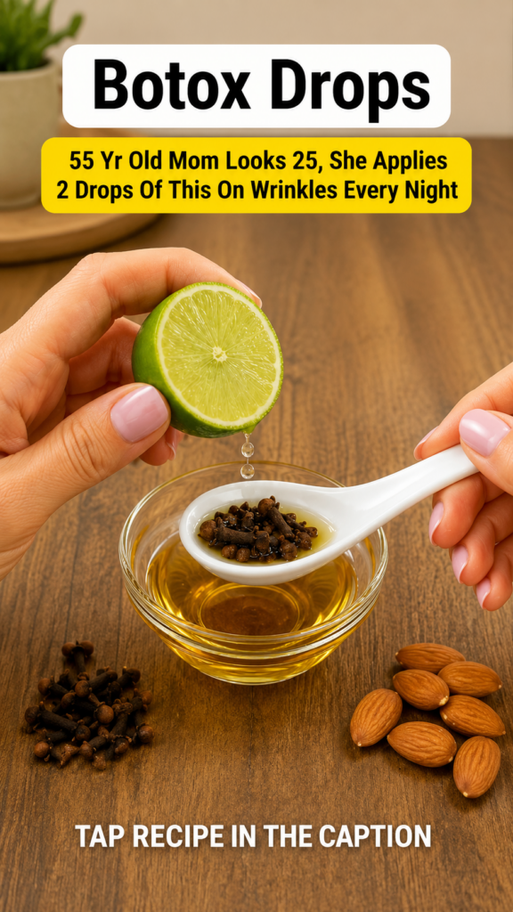 Hands preparing a natural beauty oil by squeezing lime into a spoon with cloves and oil on a wooden surface