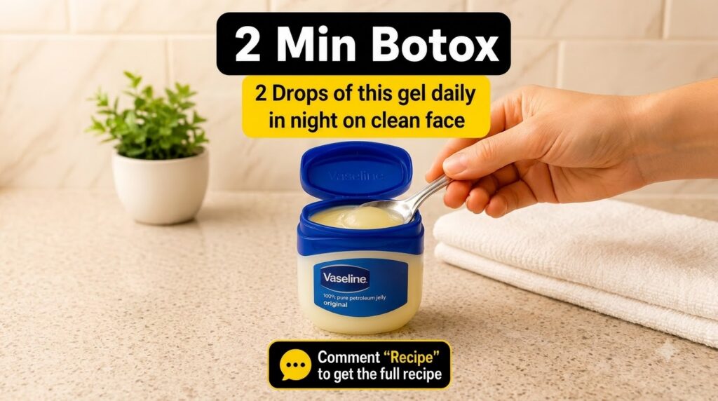 A hand using a silver spoon to scoop a small amount of petroleum jelly from an open jar of Vaseline The background is bl