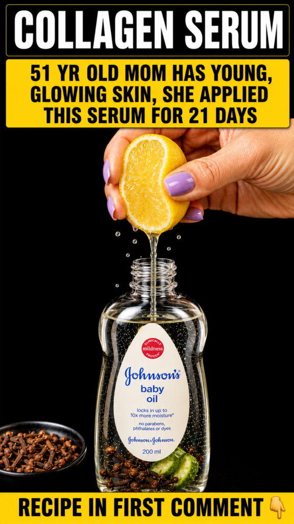 A hand squeezing a lemon half with juice falling into an open bottle of baby oil containing cloves and cucumber slices A