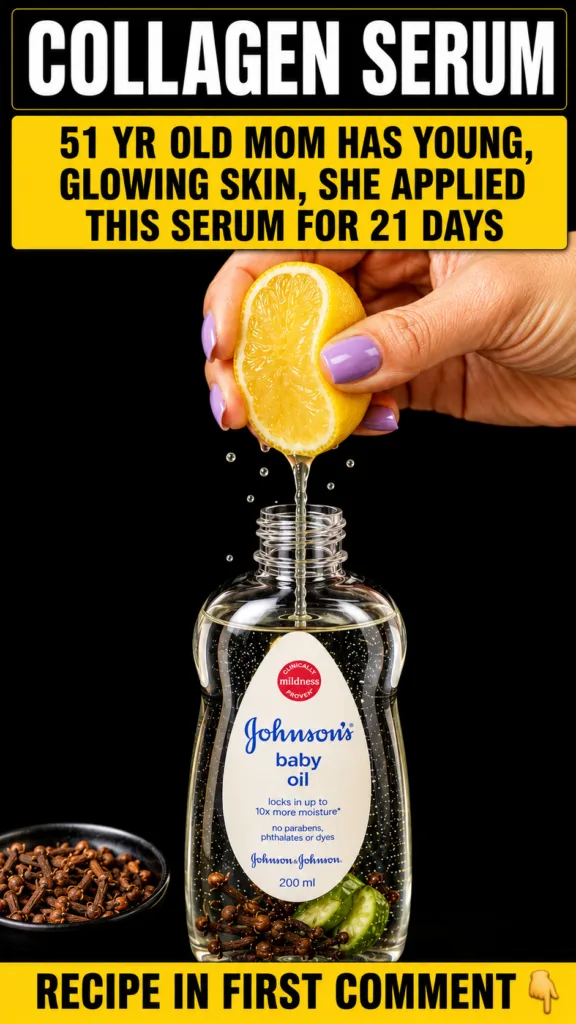 A hand squeezing a lemon half with juice falling into an open bottle of baby oil containing cloves and cucumber slices A