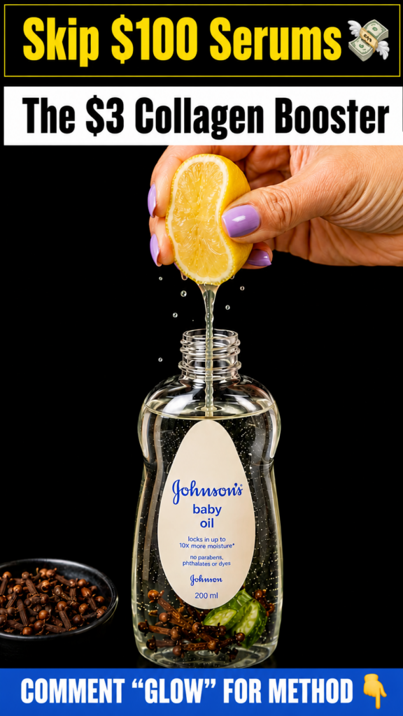 A hand squeezing a lemon with juice dripping into an open bottle of Johnson s baby oil that contains cloves and cucumber